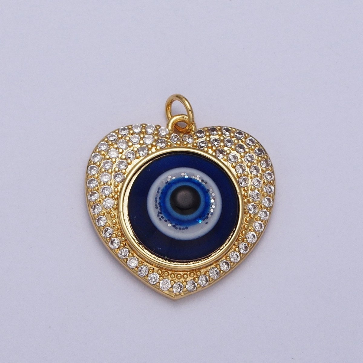 24K Gold Filled Blue Evil Eye Micro Paved Heart Charm | C-896
