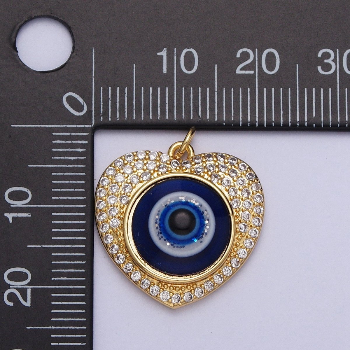 24K Gold Filled Blue Evil Eye Micro Paved Heart Charm | C-896