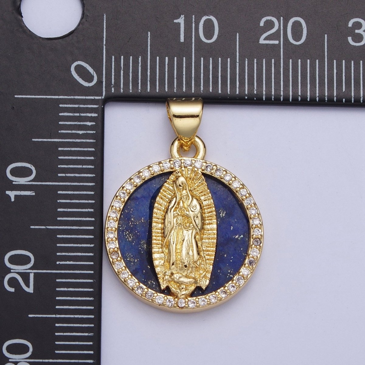 24K Gold Filled Blue Lapiz Lady Guadalupe Medallion, Micro Pave Religious Virgin Mother Mary Round Charm For Jewelry Making X-430