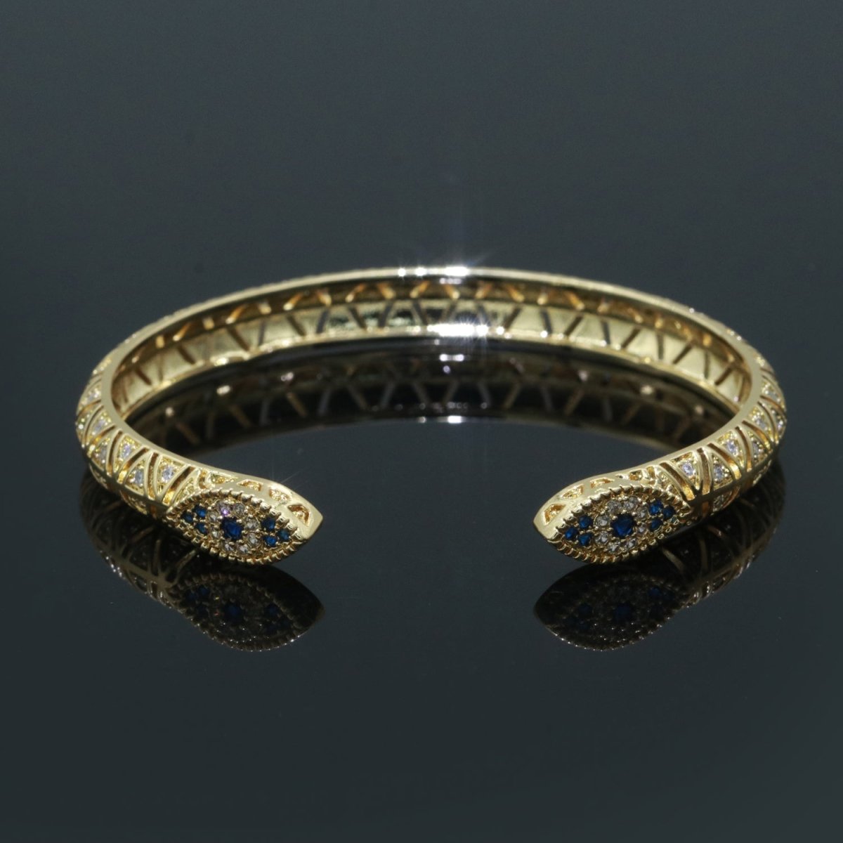 24K Gold Filled Blue Micro Paved Evil Eye Hamsa Hand Adjustable Bangle Bracelet | WA-142 Clearance Pricing