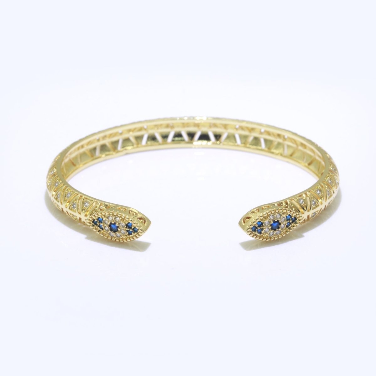24K Gold Filled Blue Micro Paved Evil Eye Hamsa Hand Adjustable Bangle Bracelet | WA-142 Clearance Pricing