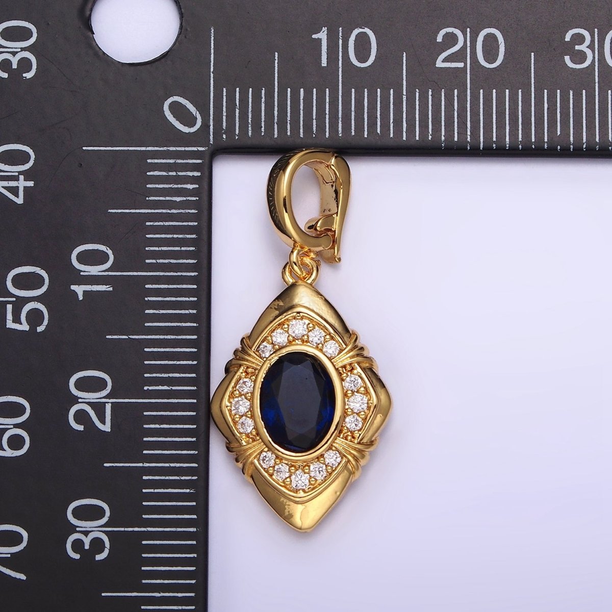 24K Gold Filled Blue Oval CZ Micro Paved CZ Tied Rhombus Interchangeable Snap Bail Pendant | AA568