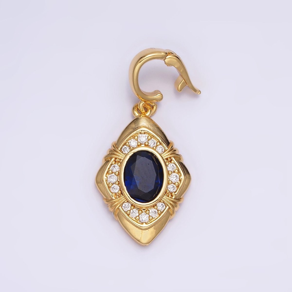 24K Gold Filled Blue Oval CZ Micro Paved CZ Tied Rhombus Interchangeable Snap Bail Pendant | AA568