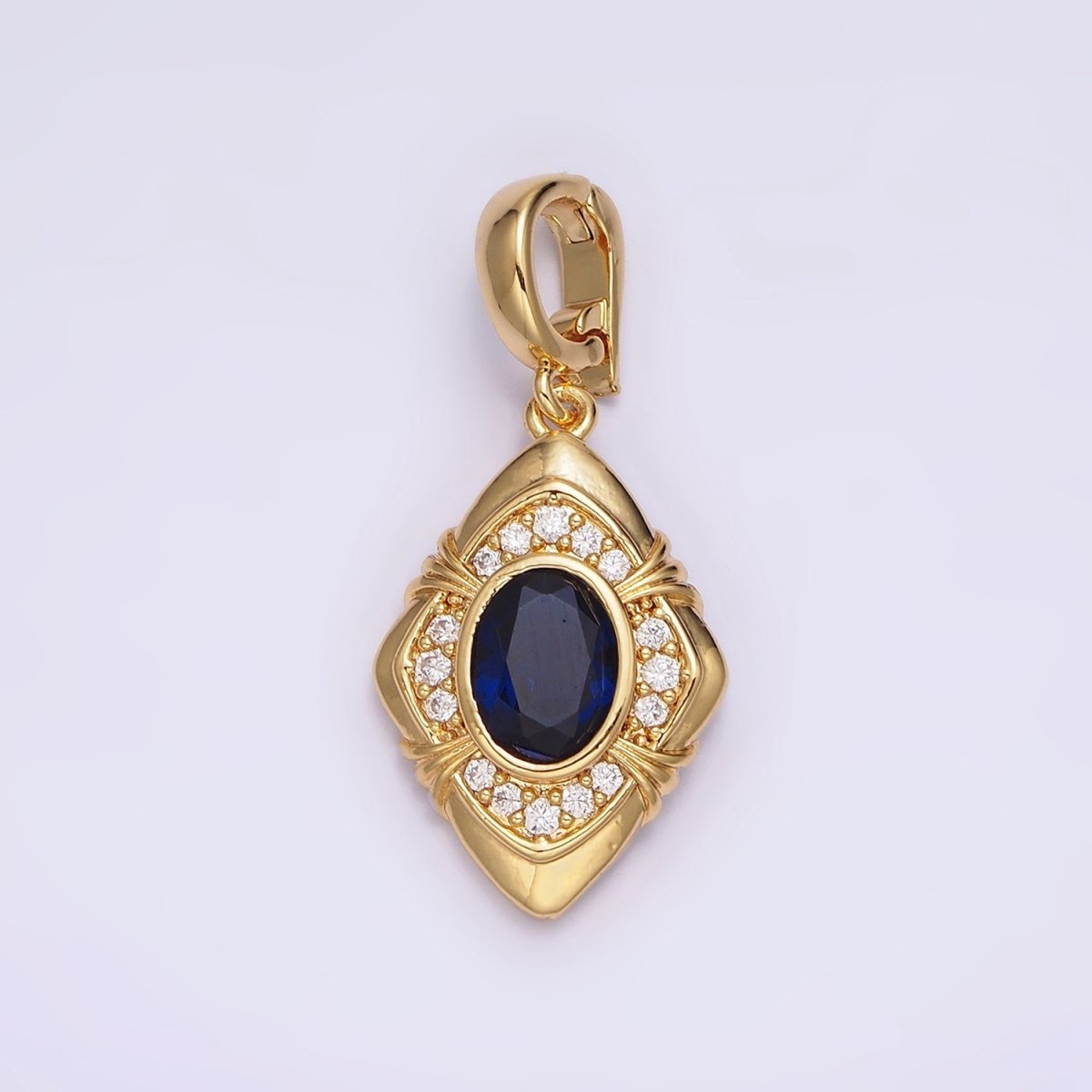 24K Gold Filled Blue Oval CZ Micro Paved CZ Tied Rhombus Interchangeable Snap Bail Pendant | AA568
