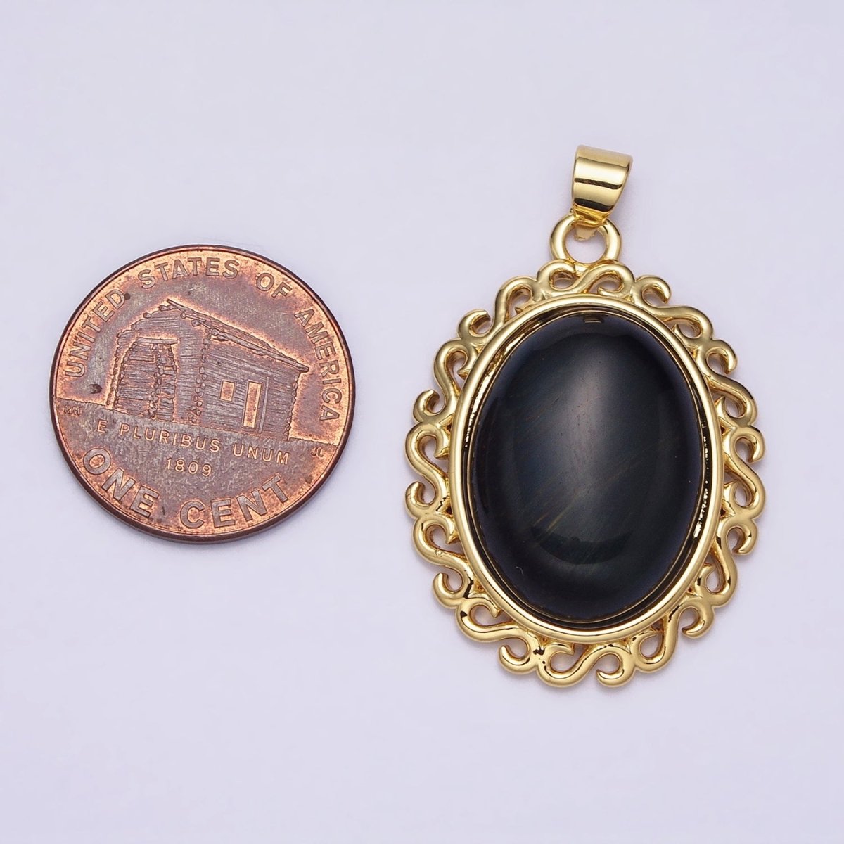 24K Gold Filled Blue Tiger's Eye Dark Oval stone Pendant  Statement Tiger eye Charm necklace AA289