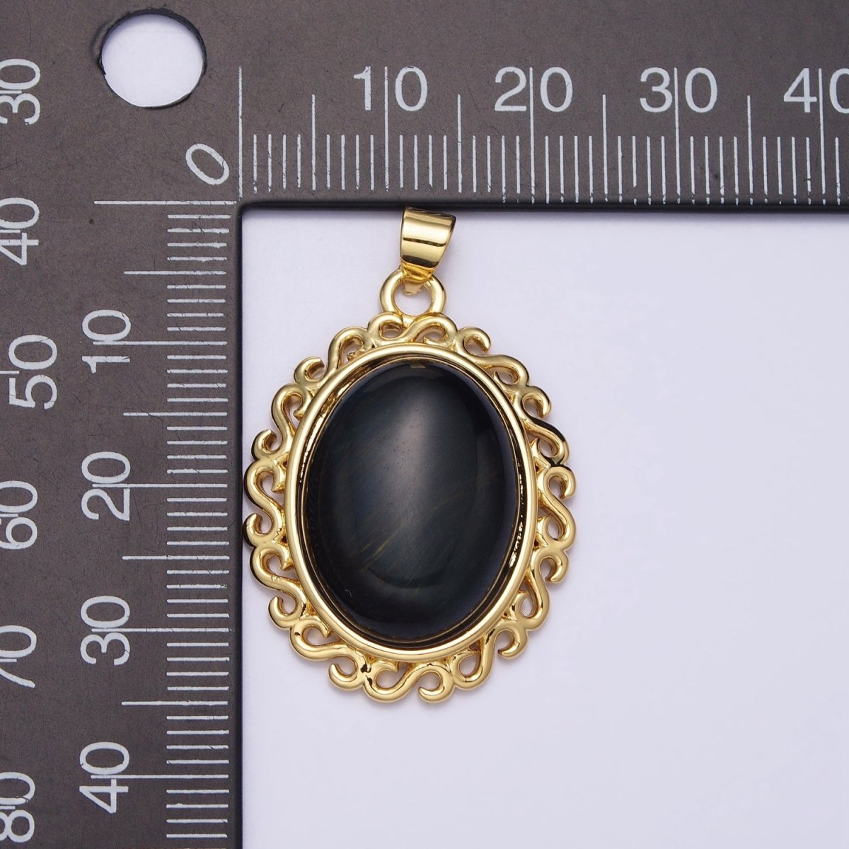 24K Gold Filled Blue Tiger's Eye Dark Oval stone Pendant  Statement Tiger eye Charm necklace AA289