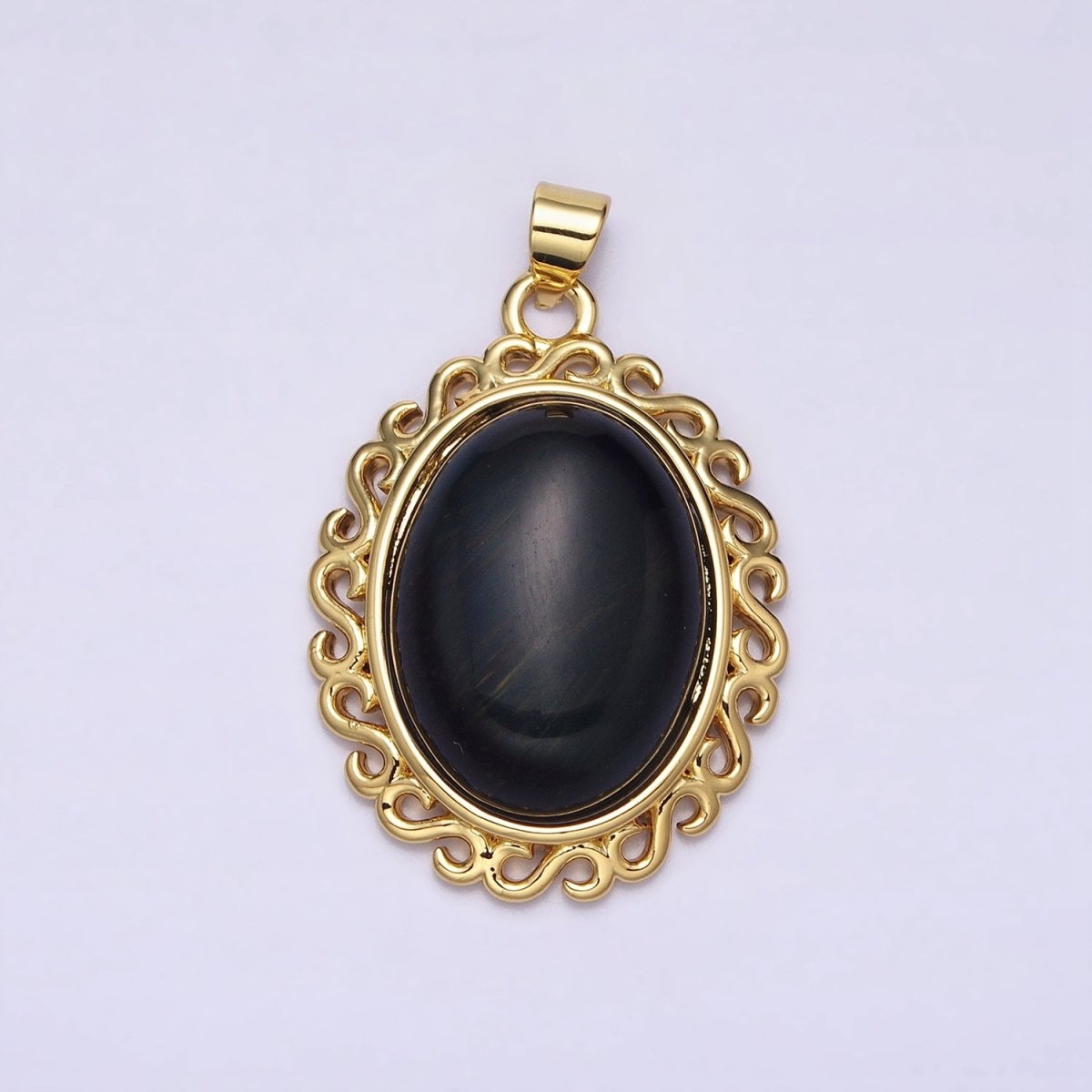 24K Gold Filled Blue Tiger's Eye Dark Oval stone Pendant  Statement Tiger eye Charm necklace AA289