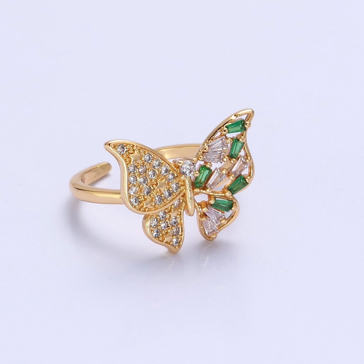 24K Gold Filled Butterfly Cubic Zirconia Ring, Half Micro Pave Half Baguette Mariposa Wings Ring O-2292