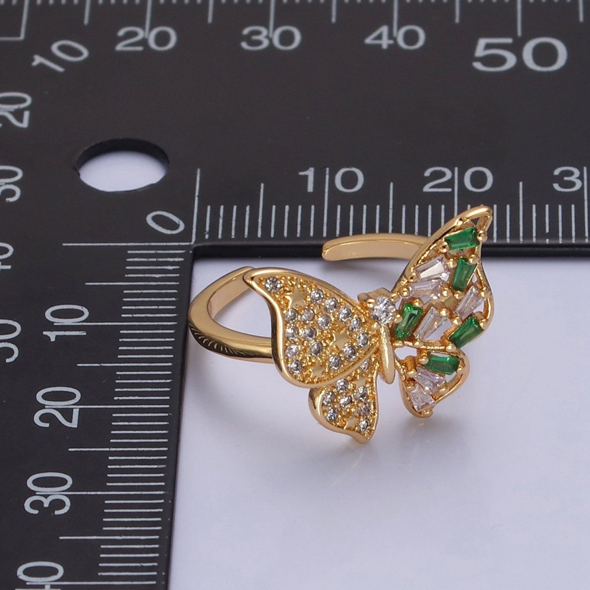 24K Gold Filled Butterfly Cubic Zirconia Ring, Half Micro Pave Half Baguette Mariposa Wings Ring O-2292