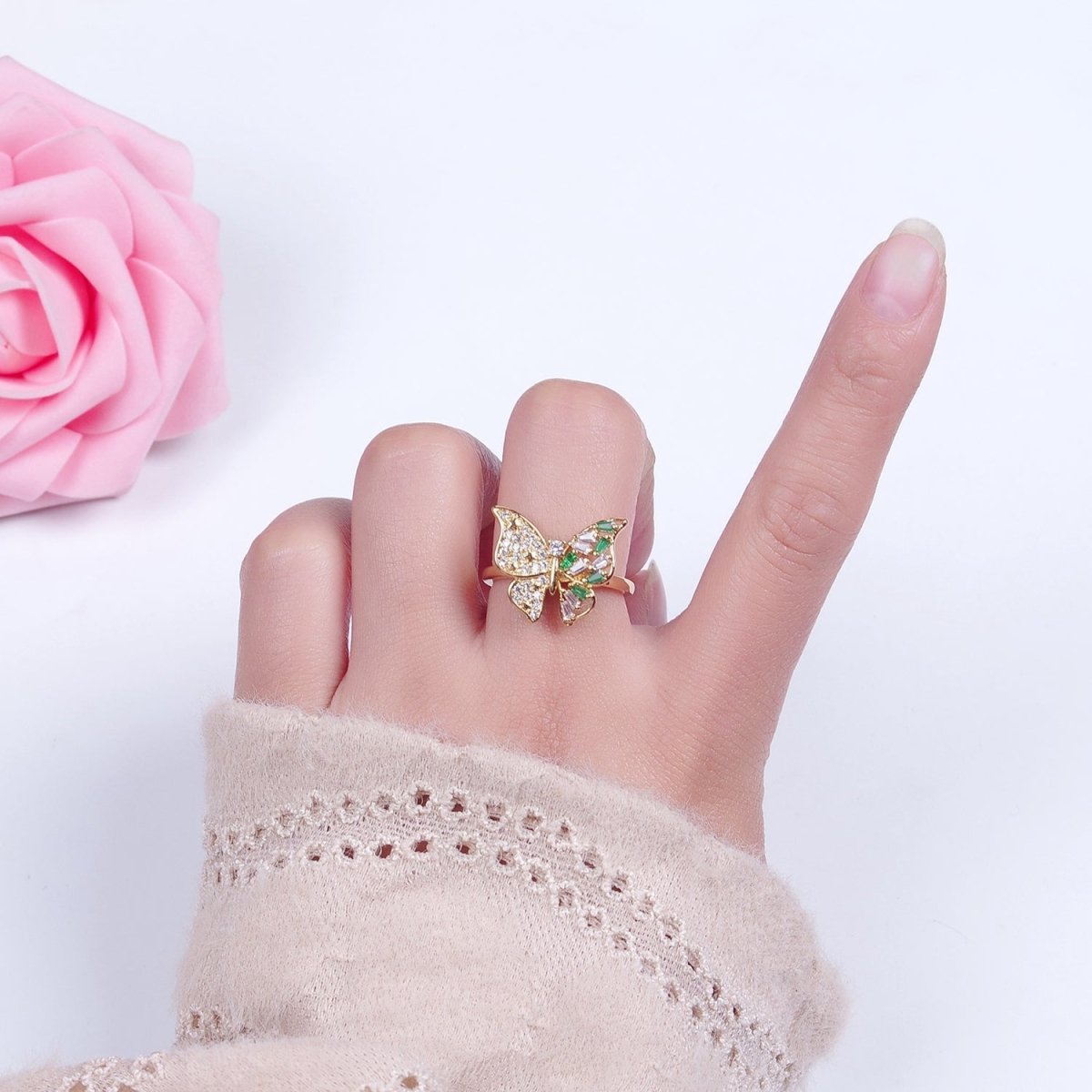 24K Gold Filled Butterfly Cubic Zirconia Ring, Half Micro Pave Half Baguette Mariposa Wings Ring O-2292