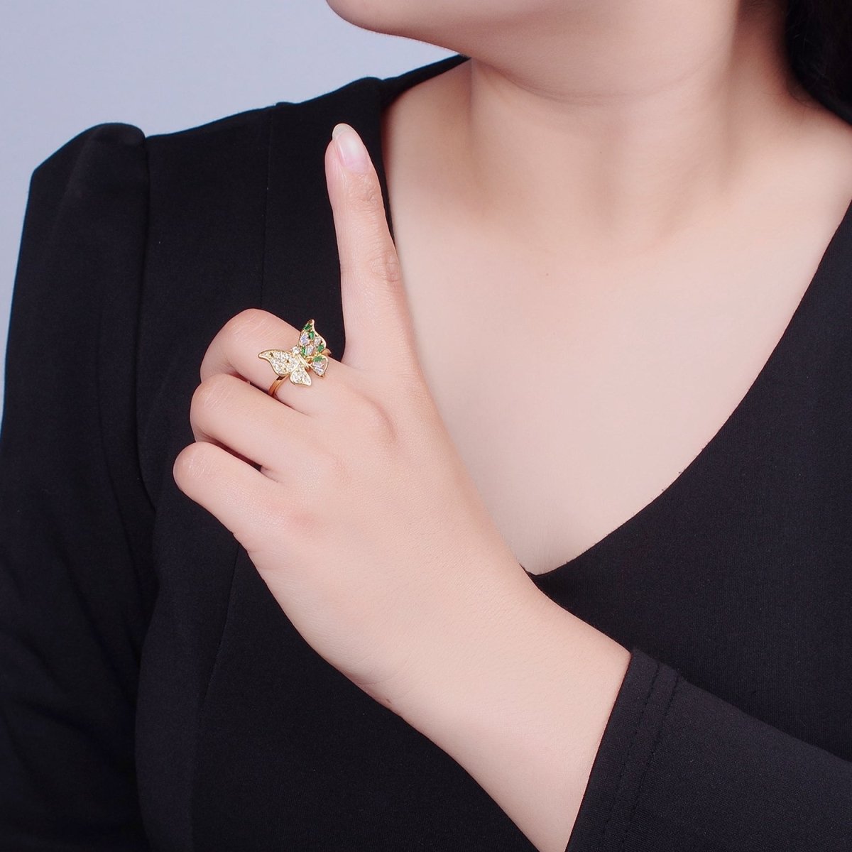 24K Gold Filled Butterfly Cubic Zirconia Ring, Half Micro Pave Half Baguette Mariposa Wings Ring O-2292