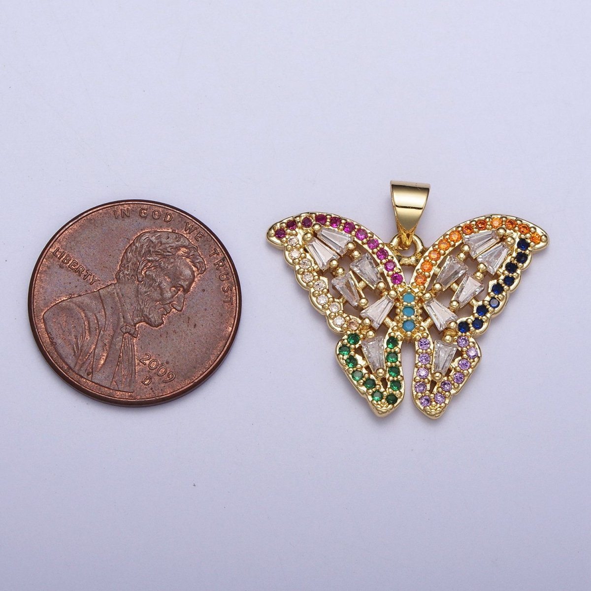 24K Gold Filled Butterfly Mariposa Multicolor Micro Paved Baguette Pendan H-351
