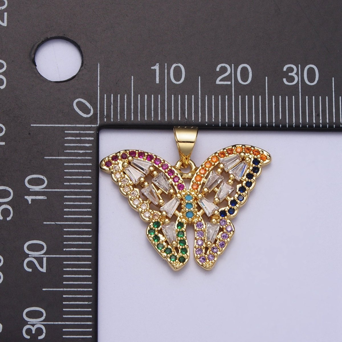 24K Gold Filled Butterfly Mariposa Multicolor Micro Paved Baguette Pendan H-351