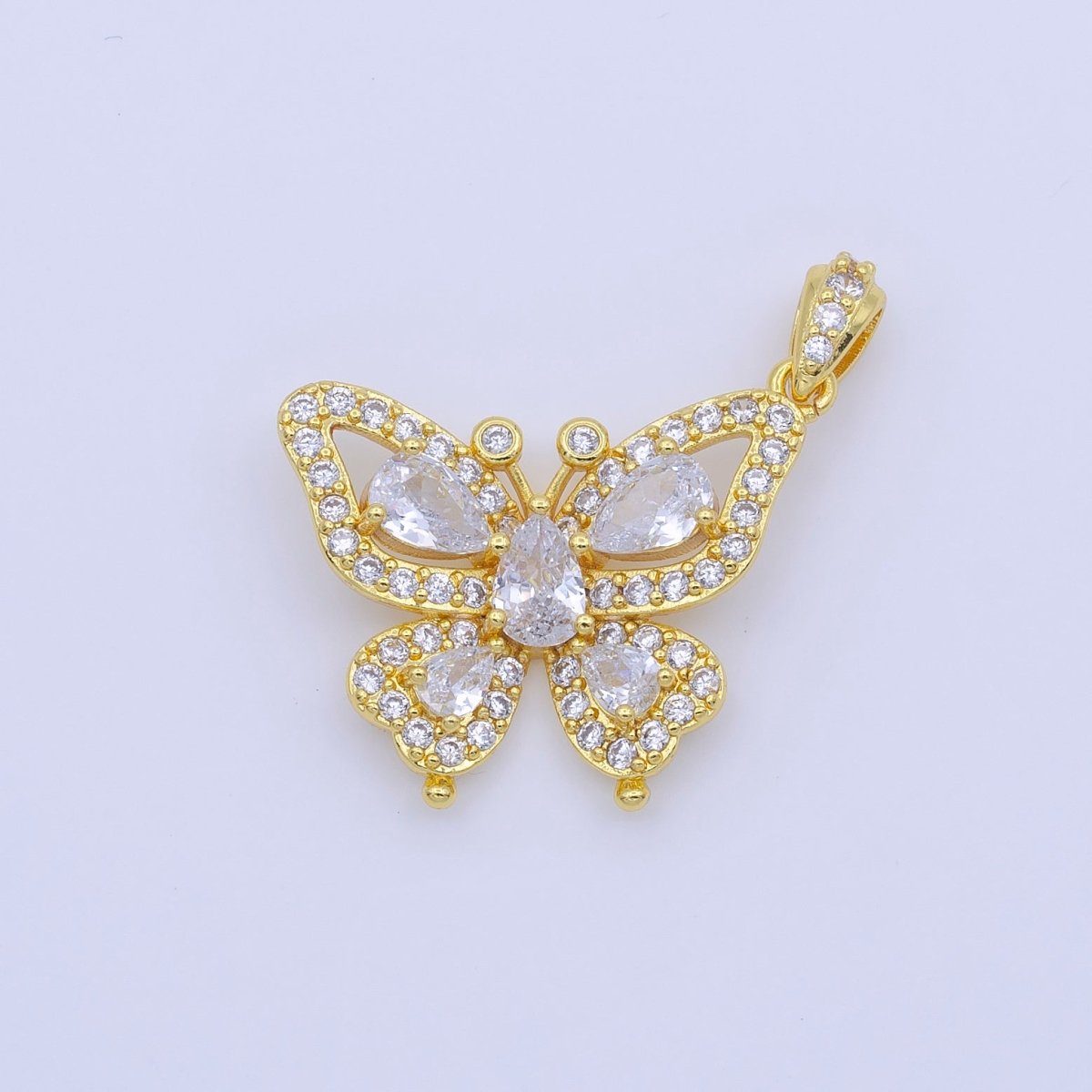 24K Gold Filled Butterfly Mariposa Wings Micro Paced Teardrop CZ Pendant | AA756