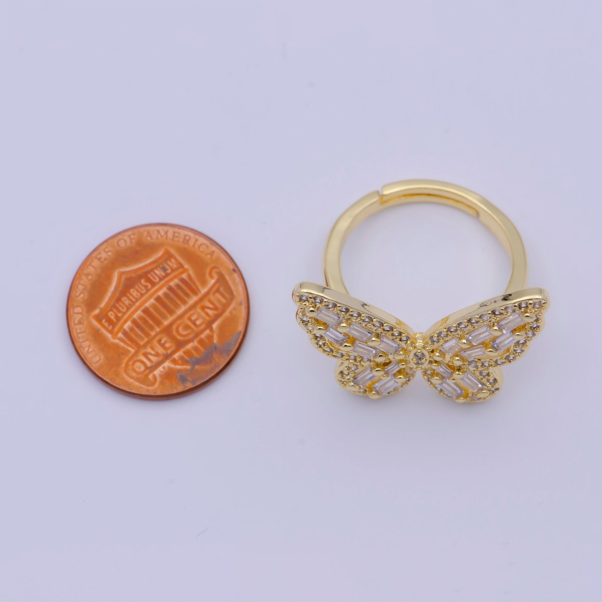 24K Gold Filled Butterfly Ring Clear Baguette Mariposa Ring Adjustable Ring U-233