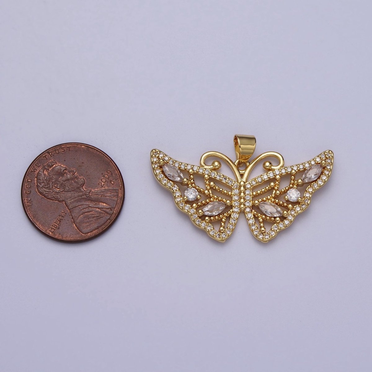 24K Gold Filled Butterfly Wings Beaded Marquise Micro Paved CZ Pendant H-401