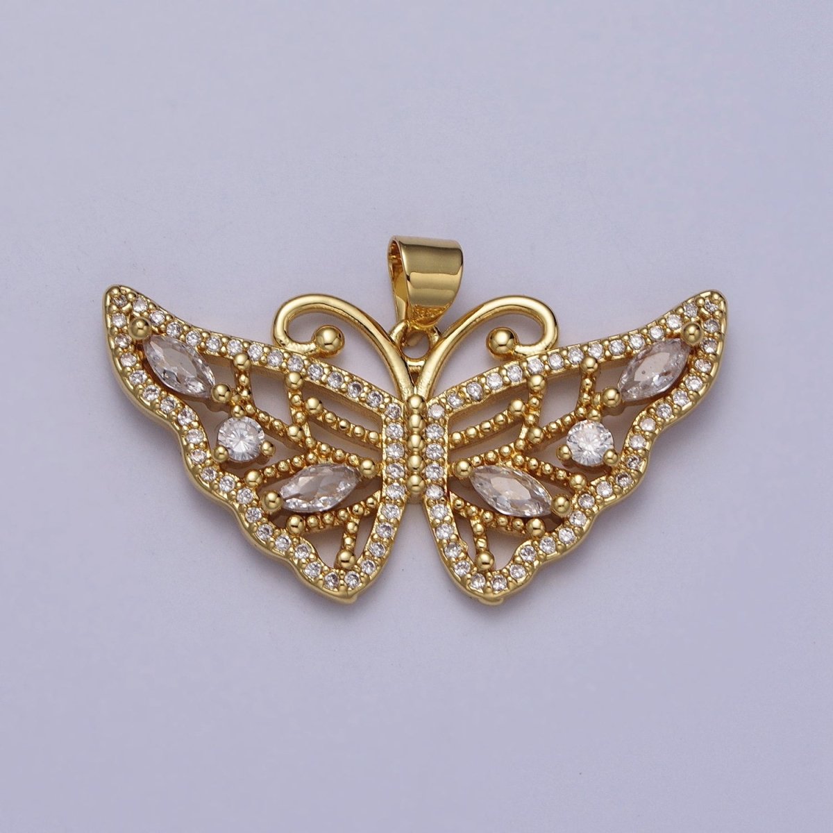 24K Gold Filled Butterfly Wings Beaded Marquise Micro Paved CZ Pendant H-401