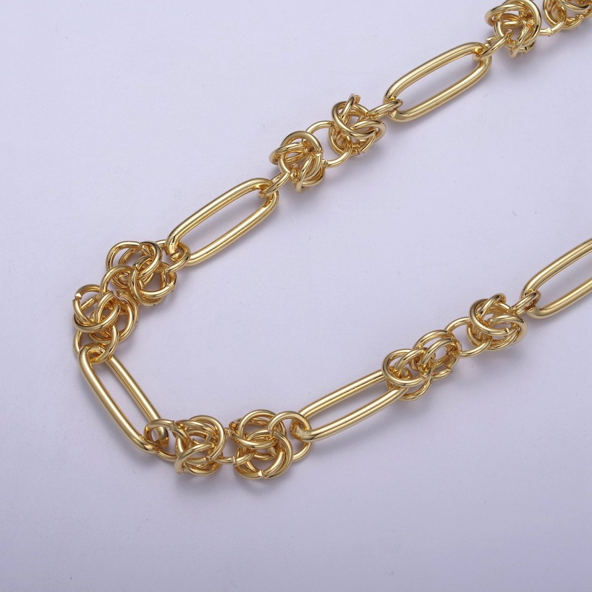24K Gold Plated Byzantine Birdcage Paperclip Unfinished Chain Supply Component, 21X7.8mm Paper Clip Chain with Multiple 8mm Round Rolo Link | ROLL-648 Clearance Pricing