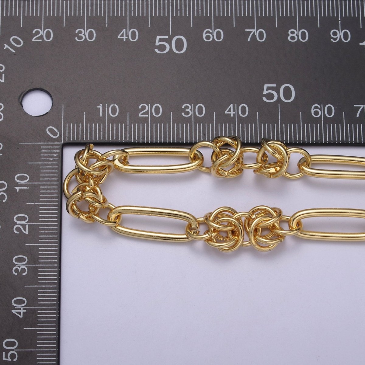 24K Gold Plated Byzantine Birdcage Paperclip Unfinished Chain Supply Component, 21X7.8mm Paper Clip Chain with Multiple 8mm Round Rolo Link | ROLL-648 Clearance Pricing