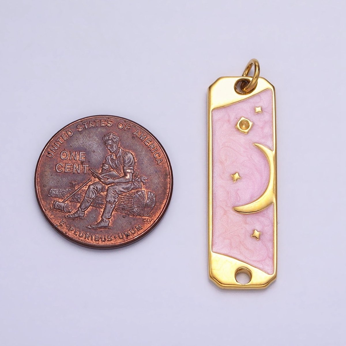 24K Gold Filled Celestial Crescent Moon Stars White, Pink Sparkly Enamel Tag Bar Double Loop Charm in Gold & Silver | AC577 - AC580