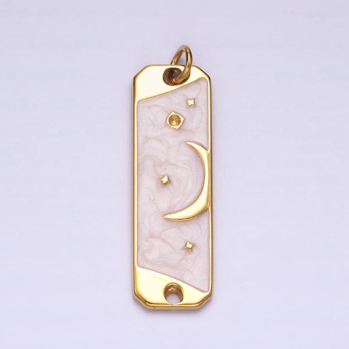 24K Gold Filled Celestial Crescent Moon Stars White, Pink Sparkly Enamel Tag Bar Double Loop Charm in Gold & Silver | AC577 - AC580