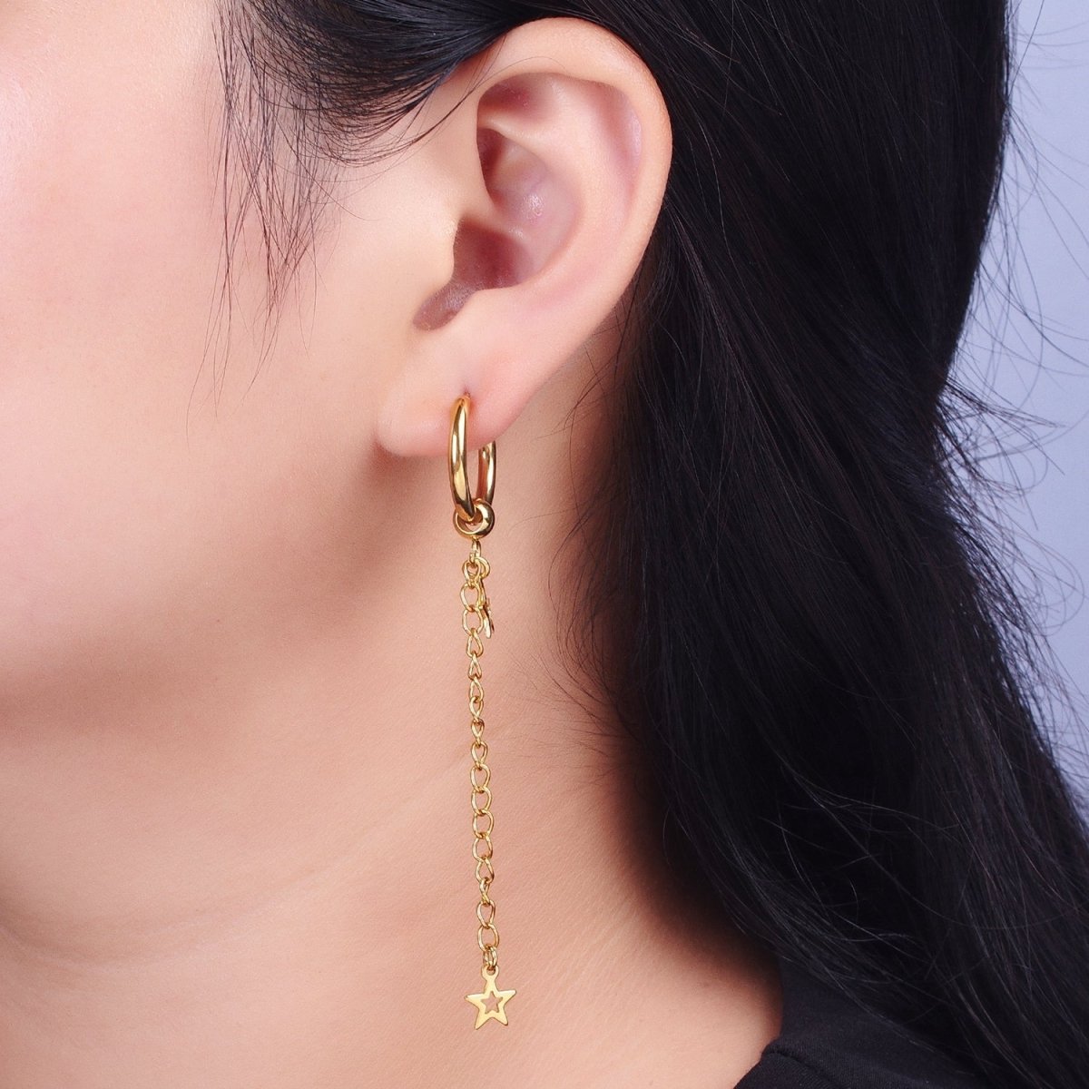 24K Gold Filled Celestial Star Chain Drop Huggie Drop Earrings | AD-179