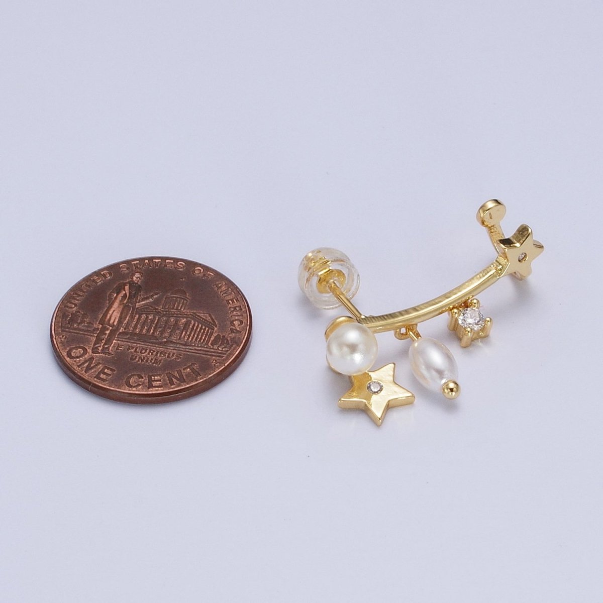 24K Gold-Filled Celestial Star Pearl CZ Dangle Ear Climber Earrings | AB004