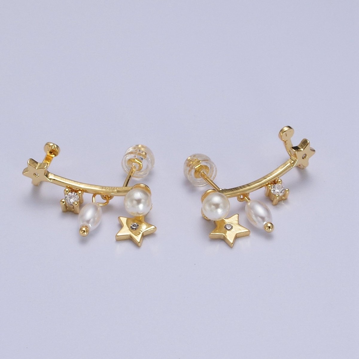 24K Gold-Filled Celestial Star Pearl CZ Dangle Ear Climber Earrings | AB004