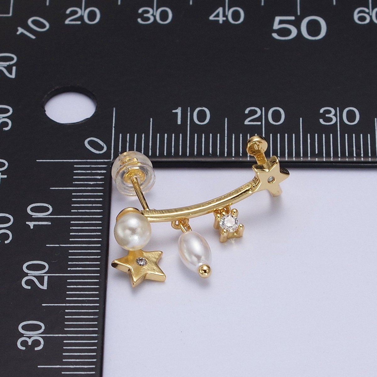 24K Gold-Filled Celestial Star Pearl CZ Dangle Ear Climber Earrings | AB004
