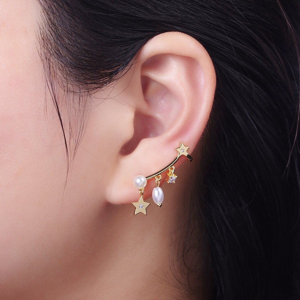 24K Gold-Filled Celestial Star Pearl CZ Dangle Ear Climber Earrings | AB004