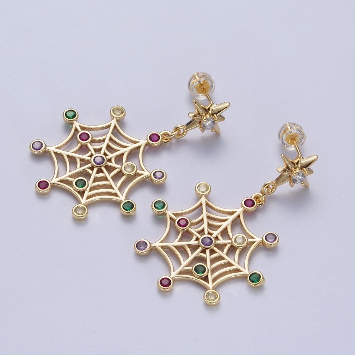 24K Gold Filled Celestial Star Stud with Multicolor Round Cubic Zirconia CZ Spiderweb Dangle Earrings | AD-472