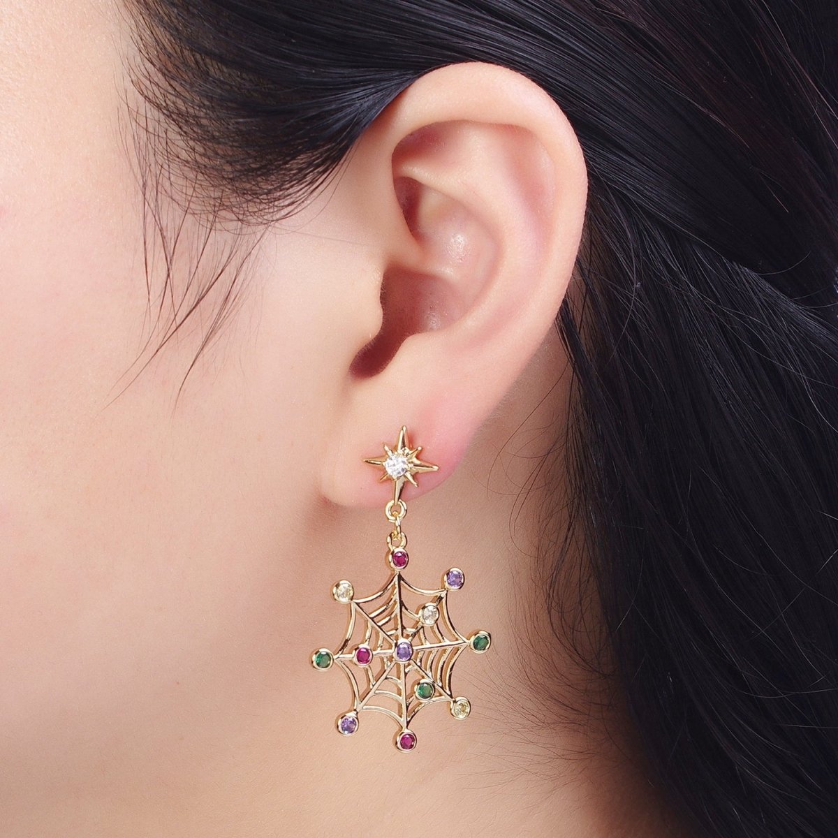24K Gold Filled Celestial Star Stud with Multicolor Round Cubic Zirconia CZ Spiderweb Dangle Earrings | AD-472