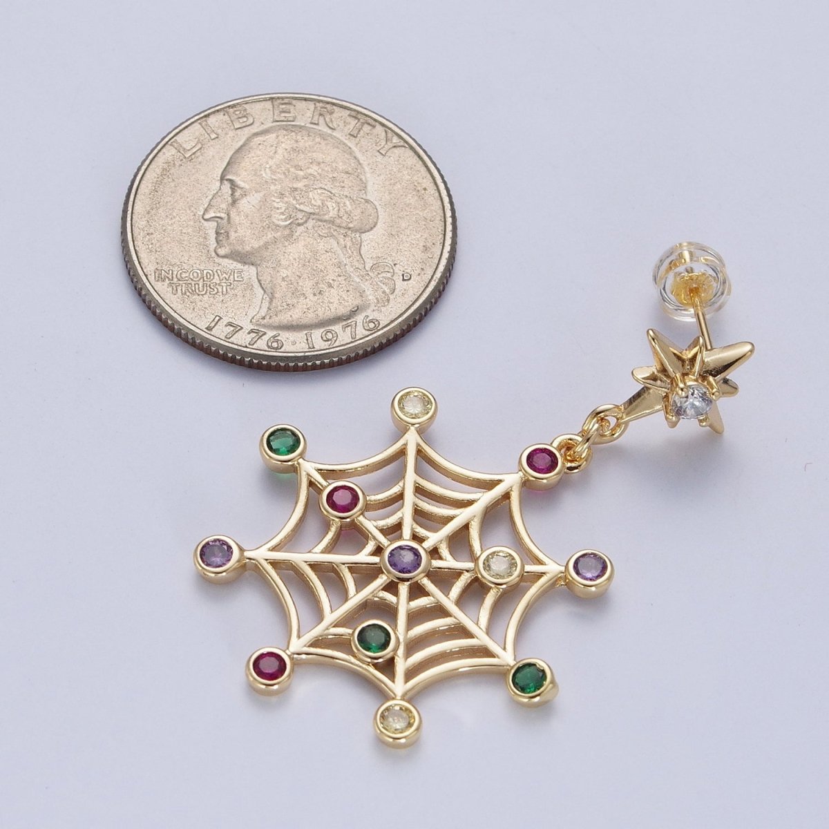 24K Gold Filled Celestial Star Stud with Multicolor Round Cubic Zirconia CZ Spiderweb Dangle Earrings | AD-472