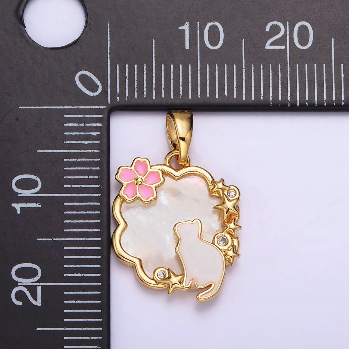 24K Gold Filled Celestial Stars CZ White Cat Pink Flower Enamel Cloud Shell Pearl Pendant | AA589