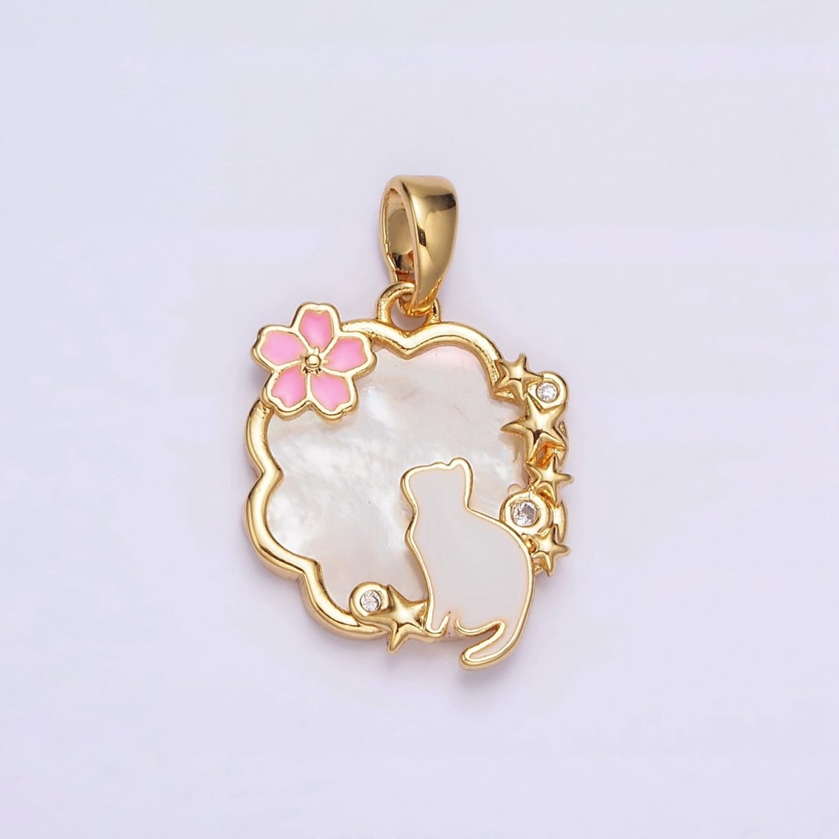 24K Gold Filled Celestial Stars CZ White Cat Pink Flower Enamel Cloud Shell Pearl Pendant | AA589