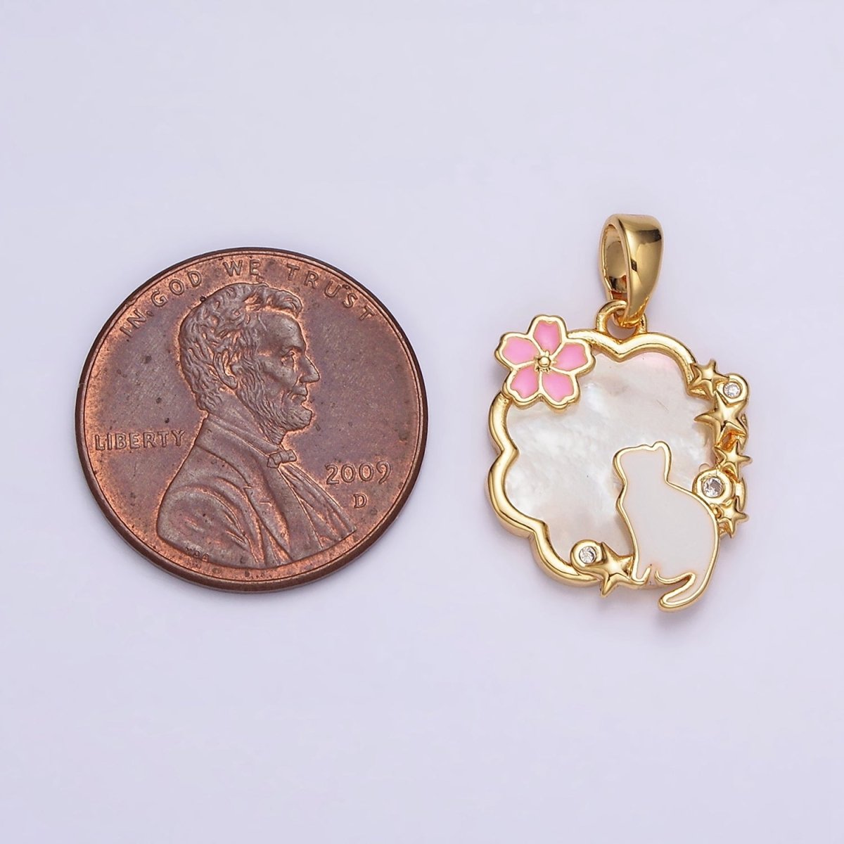 24K Gold Filled Celestial Stars CZ White Cat Pink Flower Enamel Cloud Shell Pearl Pendant | AA589