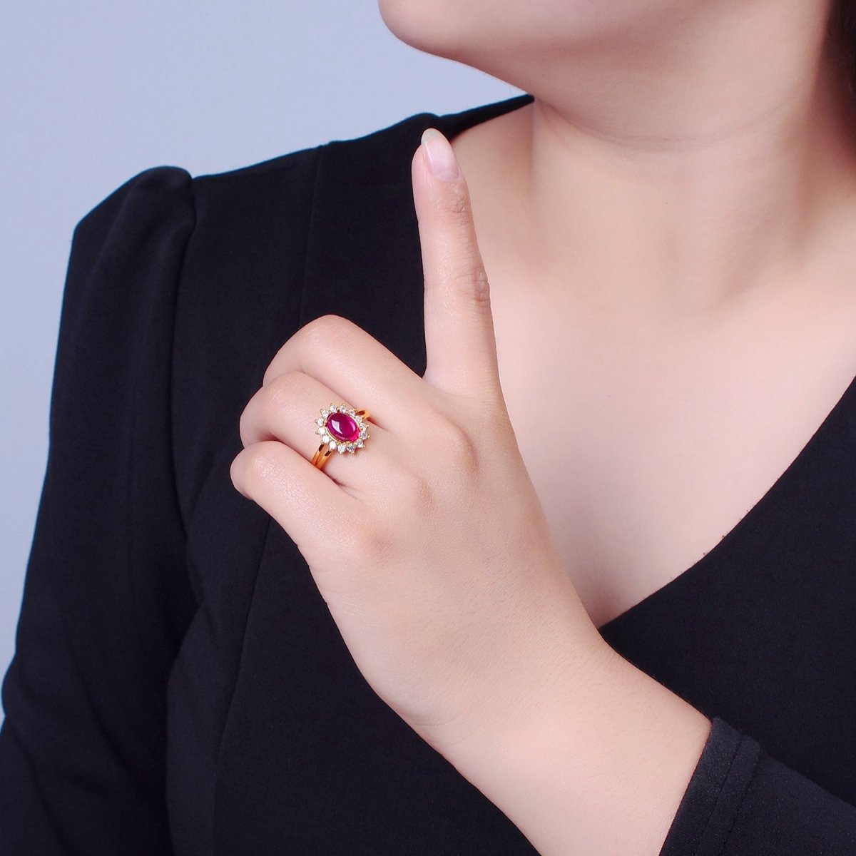 24K Gold Filled Celestial Sun Ring with Oval Fuchsia Jade Stone O-769
