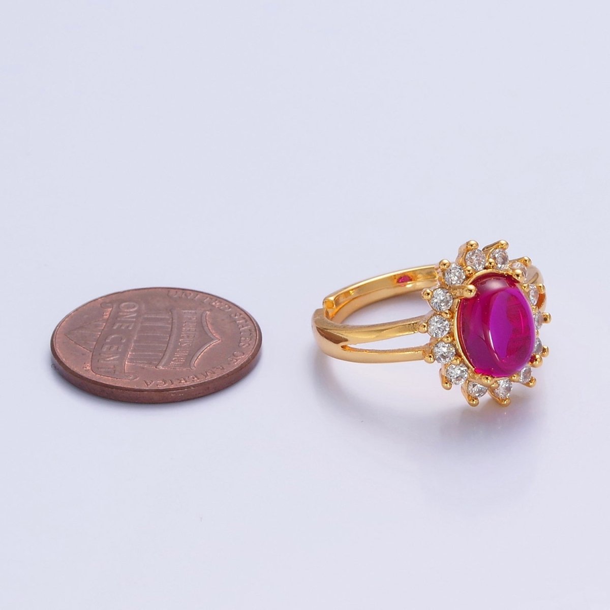 24K Gold Filled Celestial Sun Ring with Oval Fuchsia Jade Stone O-769