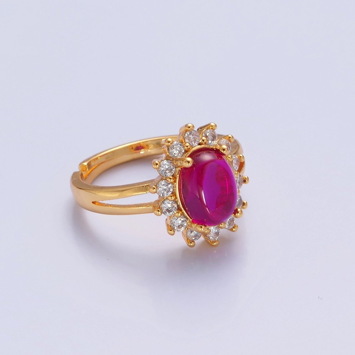 24K Gold Filled Celestial Sun Ring with Oval Fuchsia Jade Stone O-769