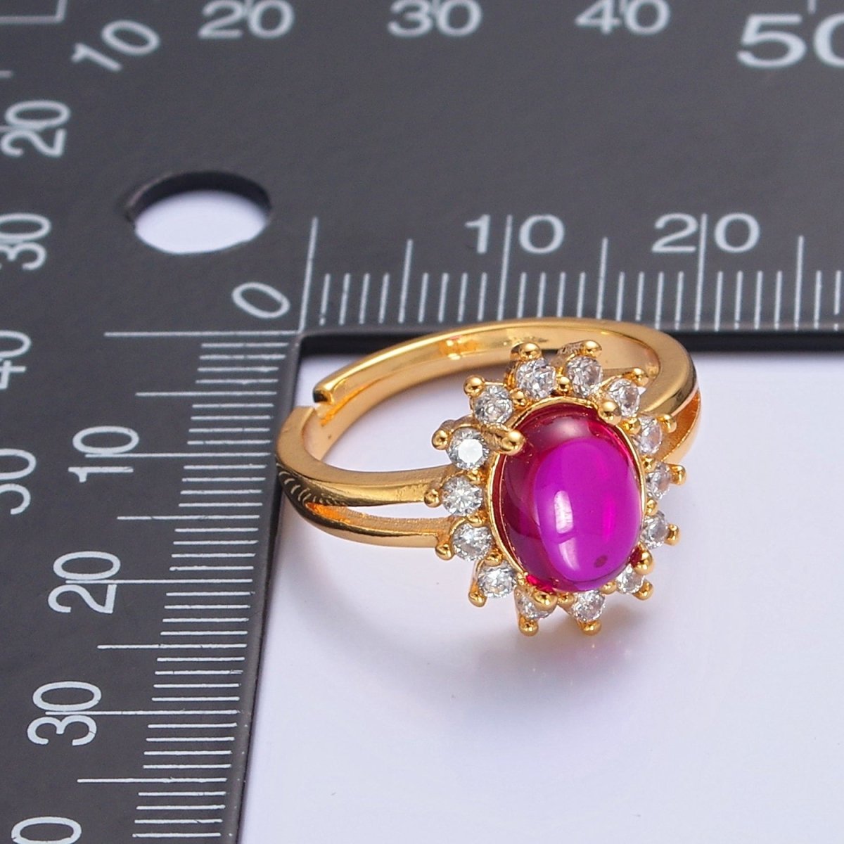 24K Gold Filled Celestial Sun Ring with Oval Fuchsia Jade Stone O-769