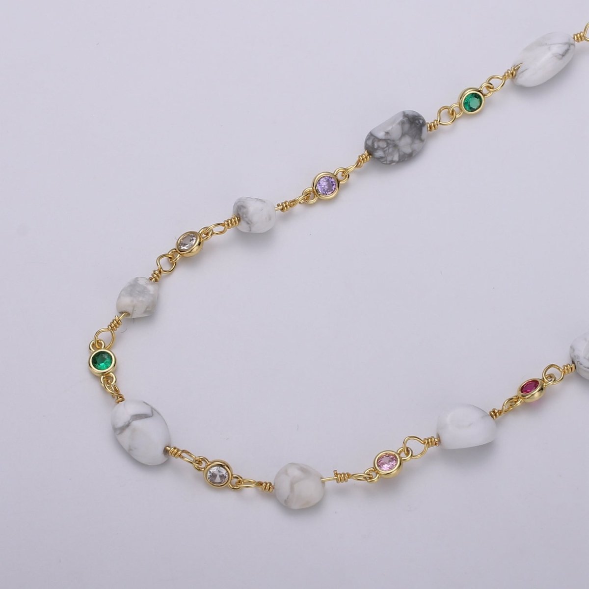 24K Gold Filled Chain by Yard, White Howlite Stone Micro Pave Cubic Round Charm Chain, Semiprecious Opaque Stone Howlite Chain | ROLL-336 Clearance Pricing