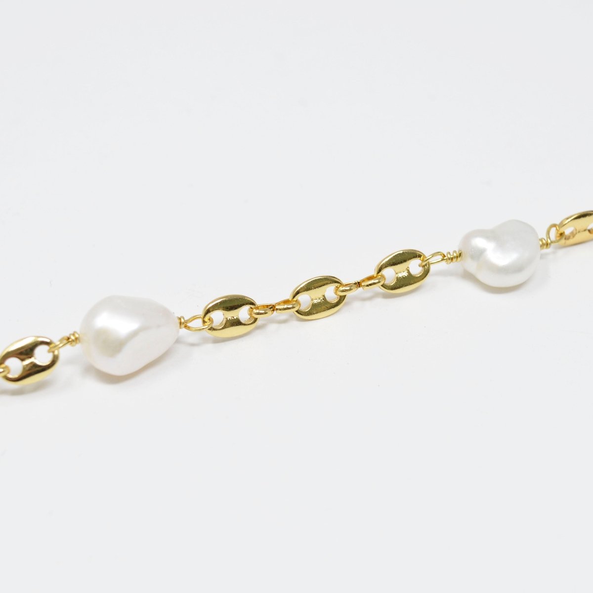 24K Gold Filled Charm Chain by Yard, Baroque Mother Pearl Paper Clip Link Chain by Yard, White Pearl Chain, Unfinished Mariner Chain | ROLL-423 Clearance Pricing