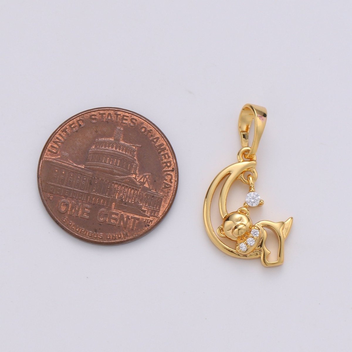 24k Gold Filled Charm Sleeping Teddy Bear On Crescent Moon with Cz Micro Pave Charms for Kids Daughter Necklace Christmas Jewelry Gift IDea J-081