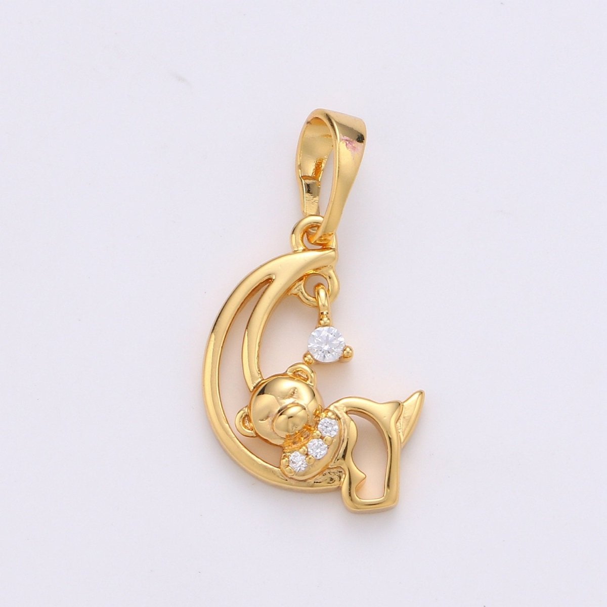 24k Gold Filled Charm Sleeping Teddy Bear On Crescent Moon with Cz Micro Pave Charms for Kids Daughter Necklace Christmas Jewelry Gift IDea J-081