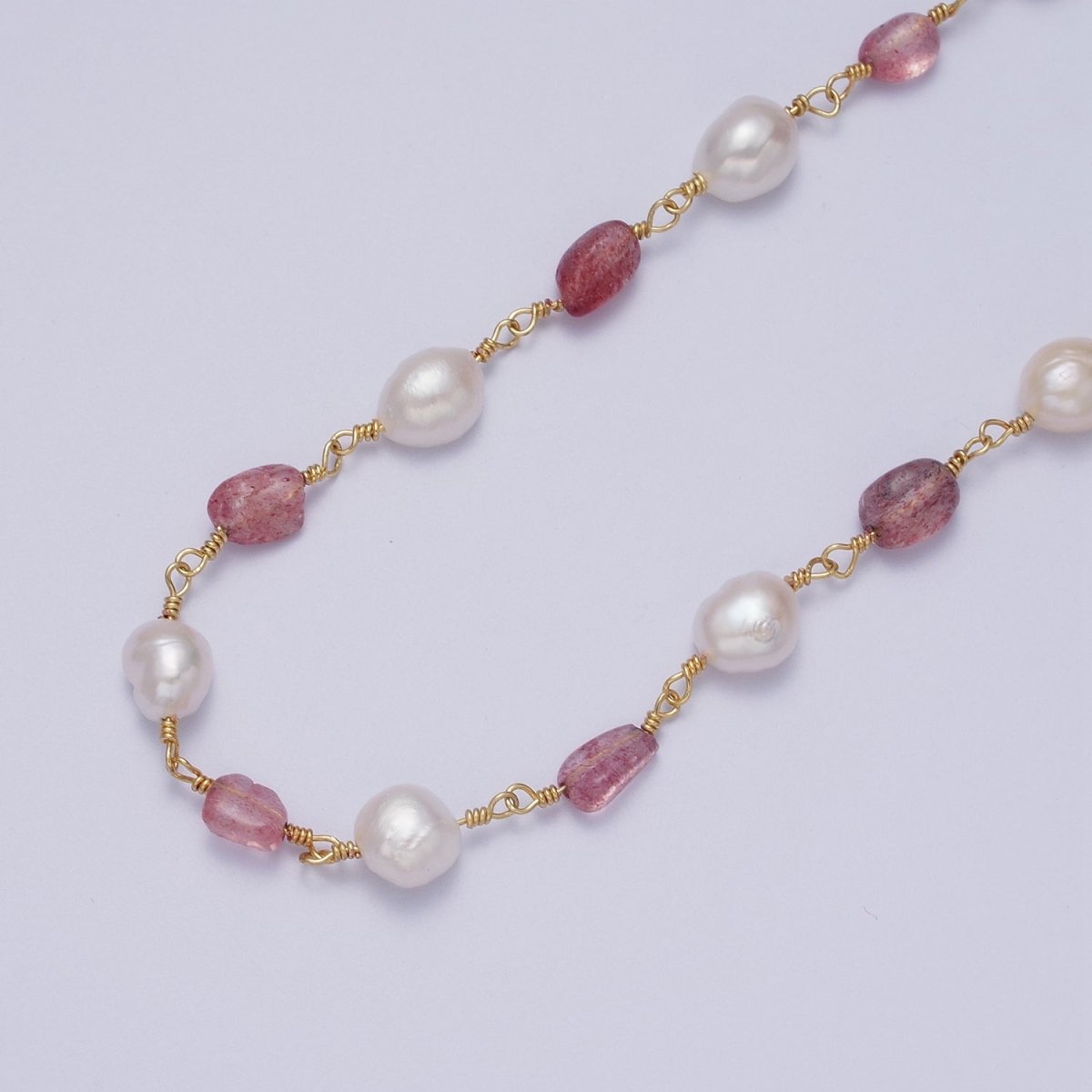 24K Gold Filled Chunky Pearl Gemstone Rose Quartz, Amethyst, Citrine, Moonstone Wire Wrapped Rosary Chain for Jewelry Making Supply | ROLL-1013 to ROLL-1017 Clearance Pricing