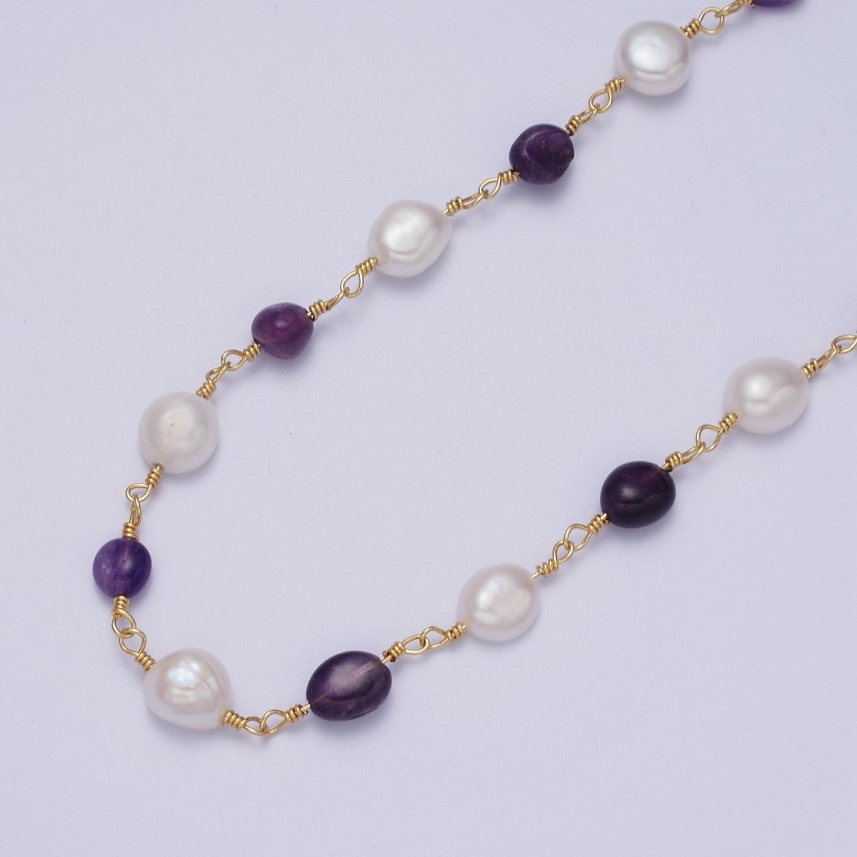 24K Gold Filled Chunky Pearl Gemstone Rose Quartz, Amethyst, Citrine, Moonstone Wire Wrapped Rosary Chain for Jewelry Making Supply | ROLL-1013 to ROLL-1017 Clearance Pricing