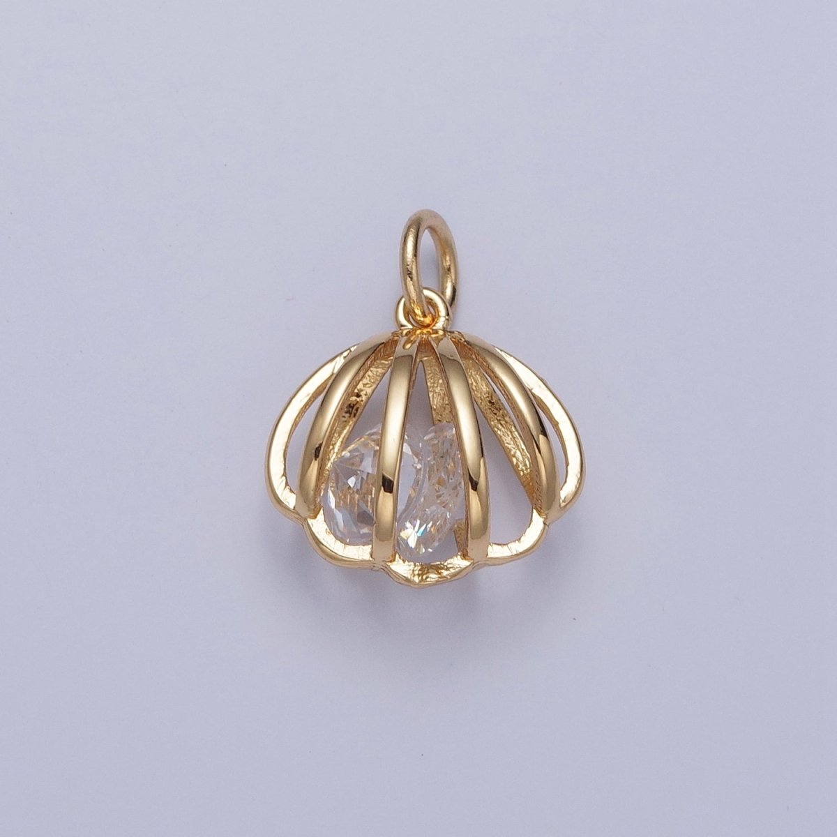 24K Gold Filled Clam Seashell Charm with Cubic Zirconia Inside | X-090