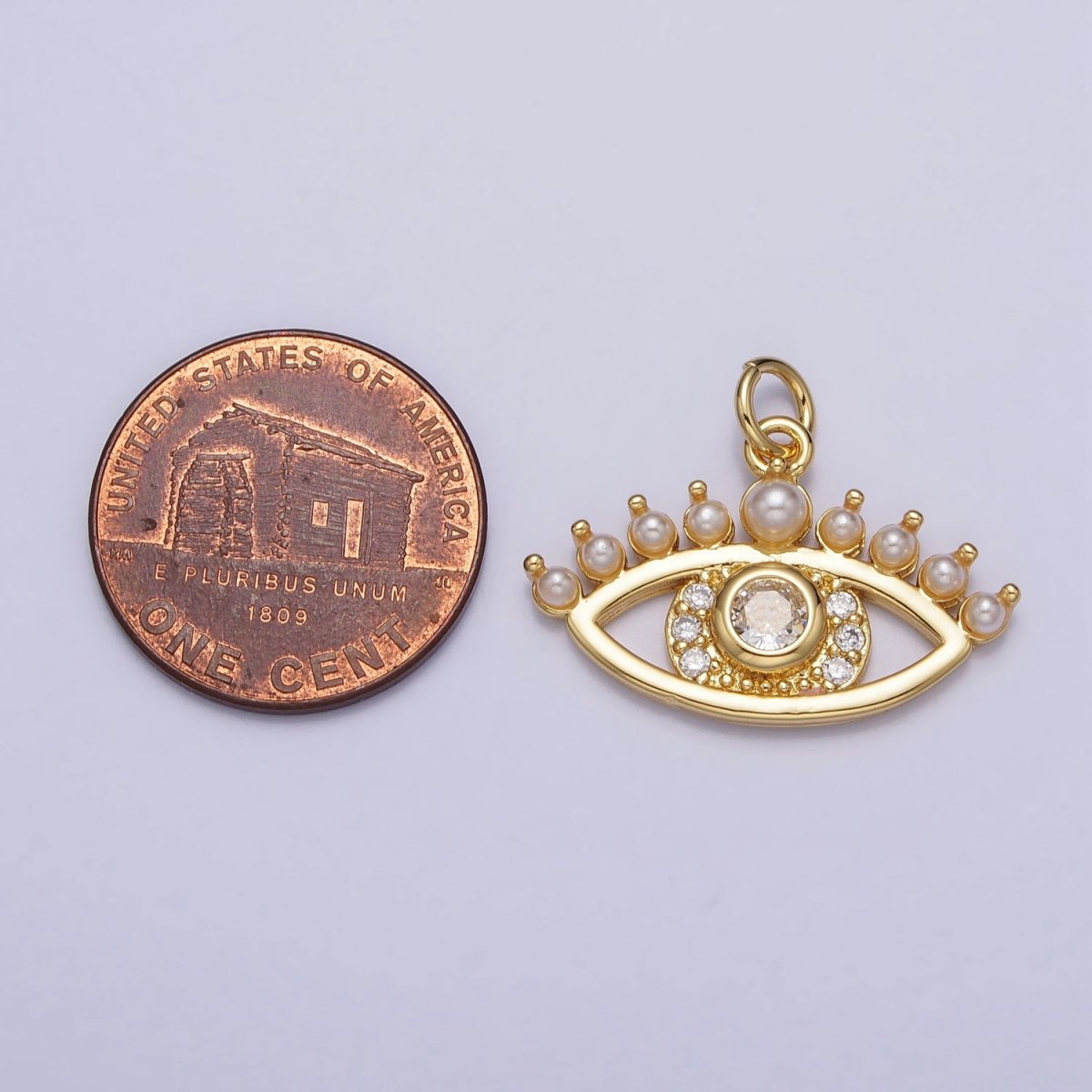 24K Gold Filled Clear CZ Pearl Lined Evil Eye Protection Charm | AC315