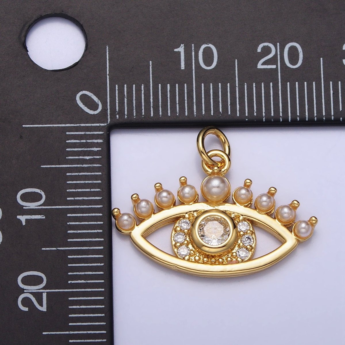 24K Gold Filled Clear CZ Pearl Lined Evil Eye Protection Charm | AC315