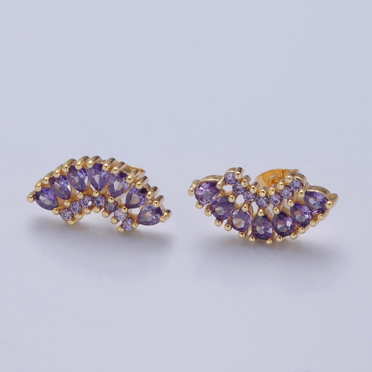 24K Gold Filled Clear, Green, Pink, Purple Teardrop CZ Fan Lined Stud Earrings | T-425~ T-427